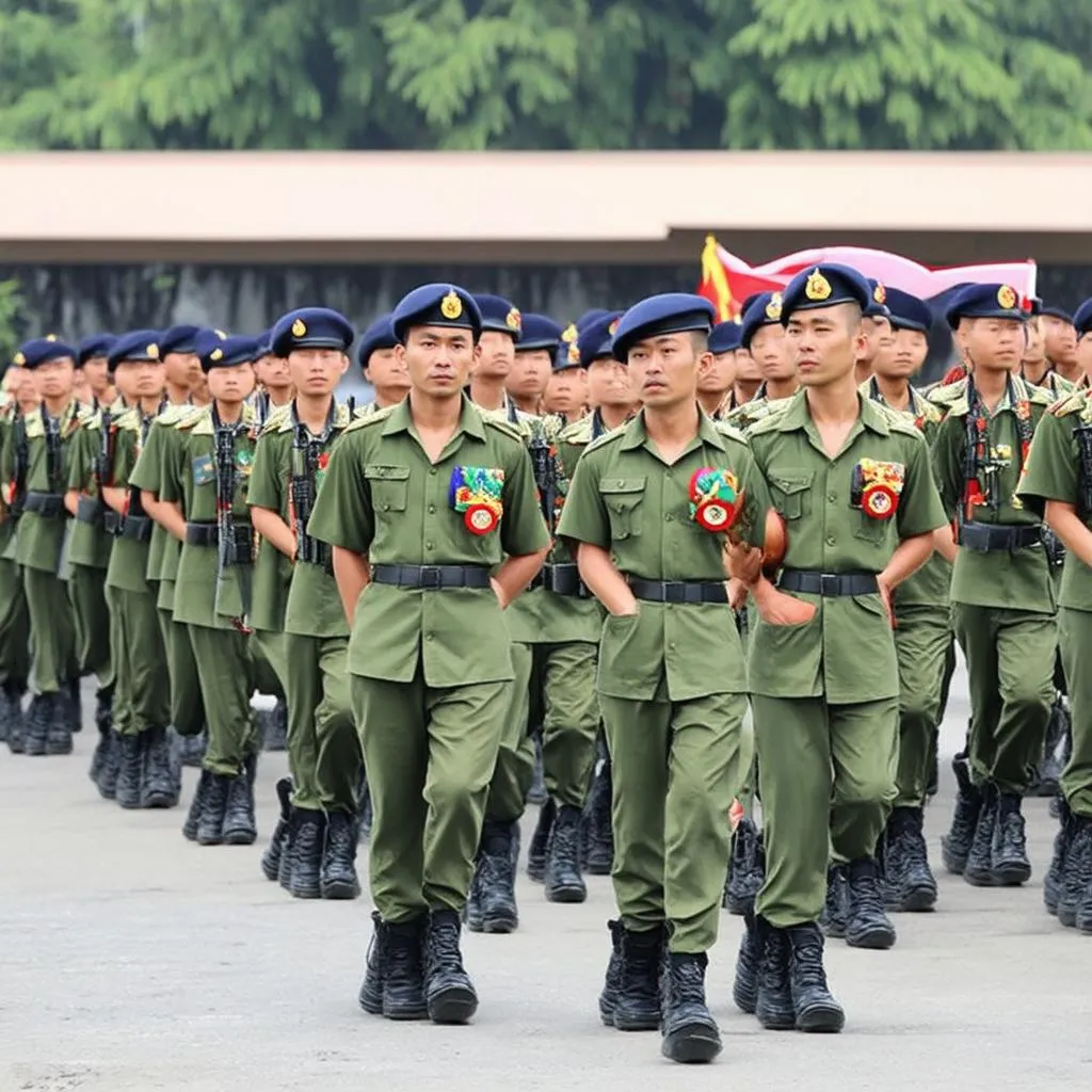 Các chiến sĩ dân quân tự vệ trong buổi huấn luyện