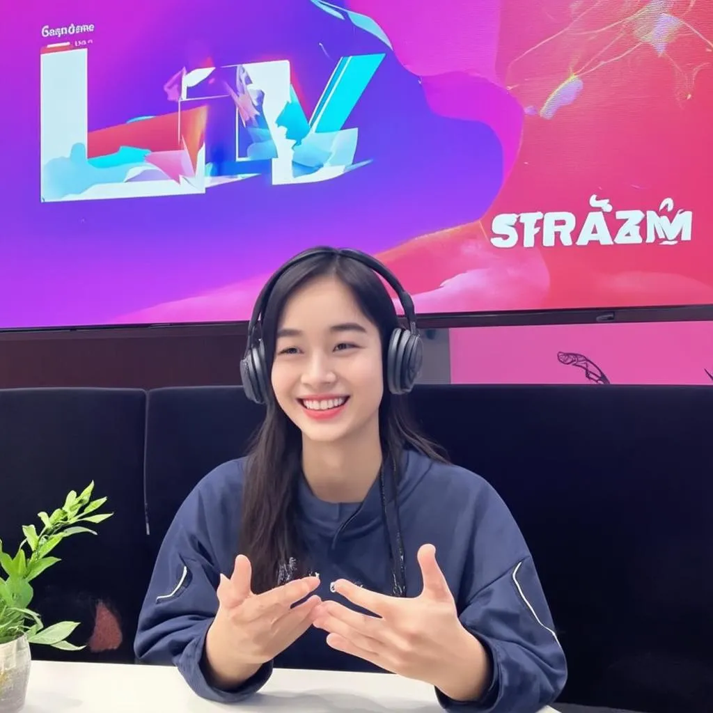 Hình ảnh streamer Liên Quân đang livestream với nụ cười rạng rỡ