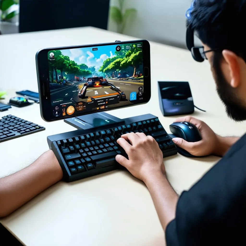 Game thủ đang chơi Liên Quân trên Nox với bàn phím