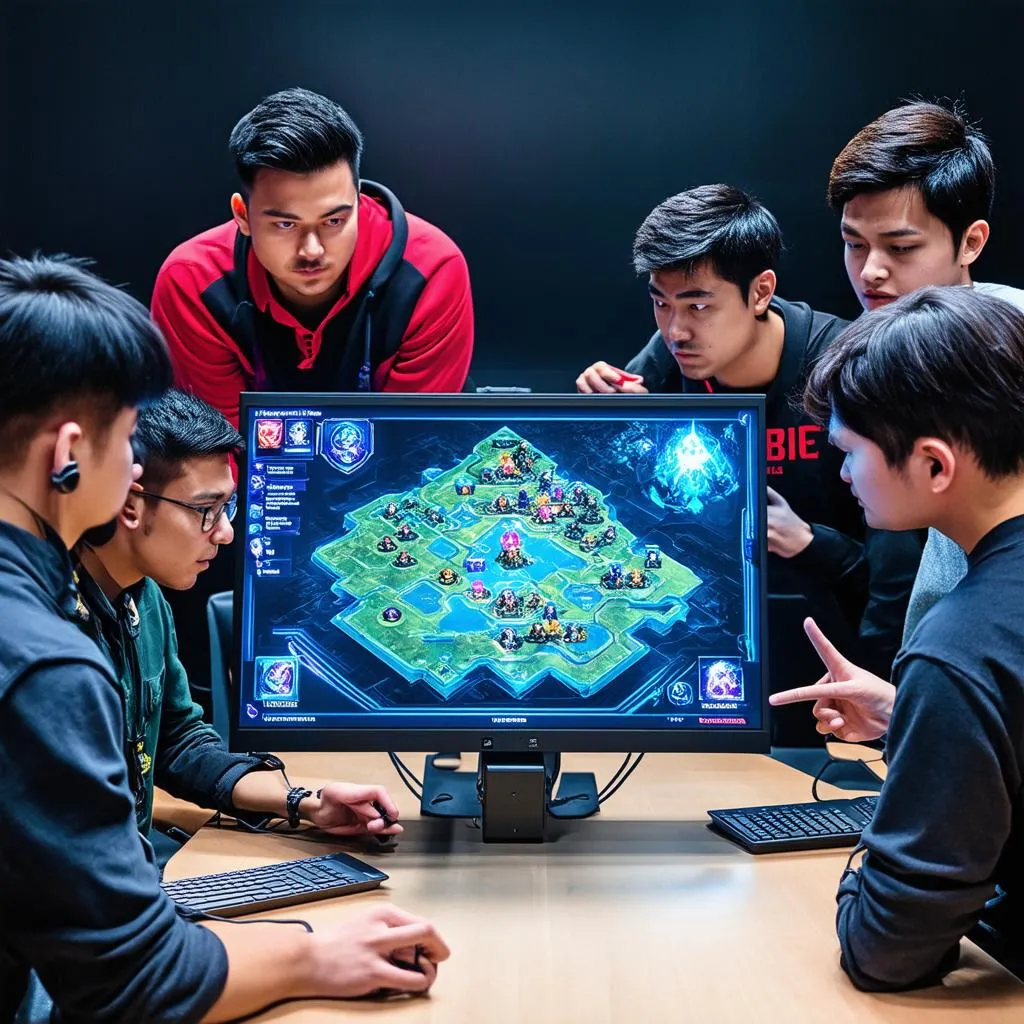 Strategic gameplay in League of Legends: Players gather around a holographic map, discussing tactics and planning their next move.