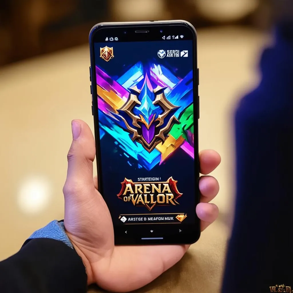 Hand holding a smartphone with a game interface on the screen