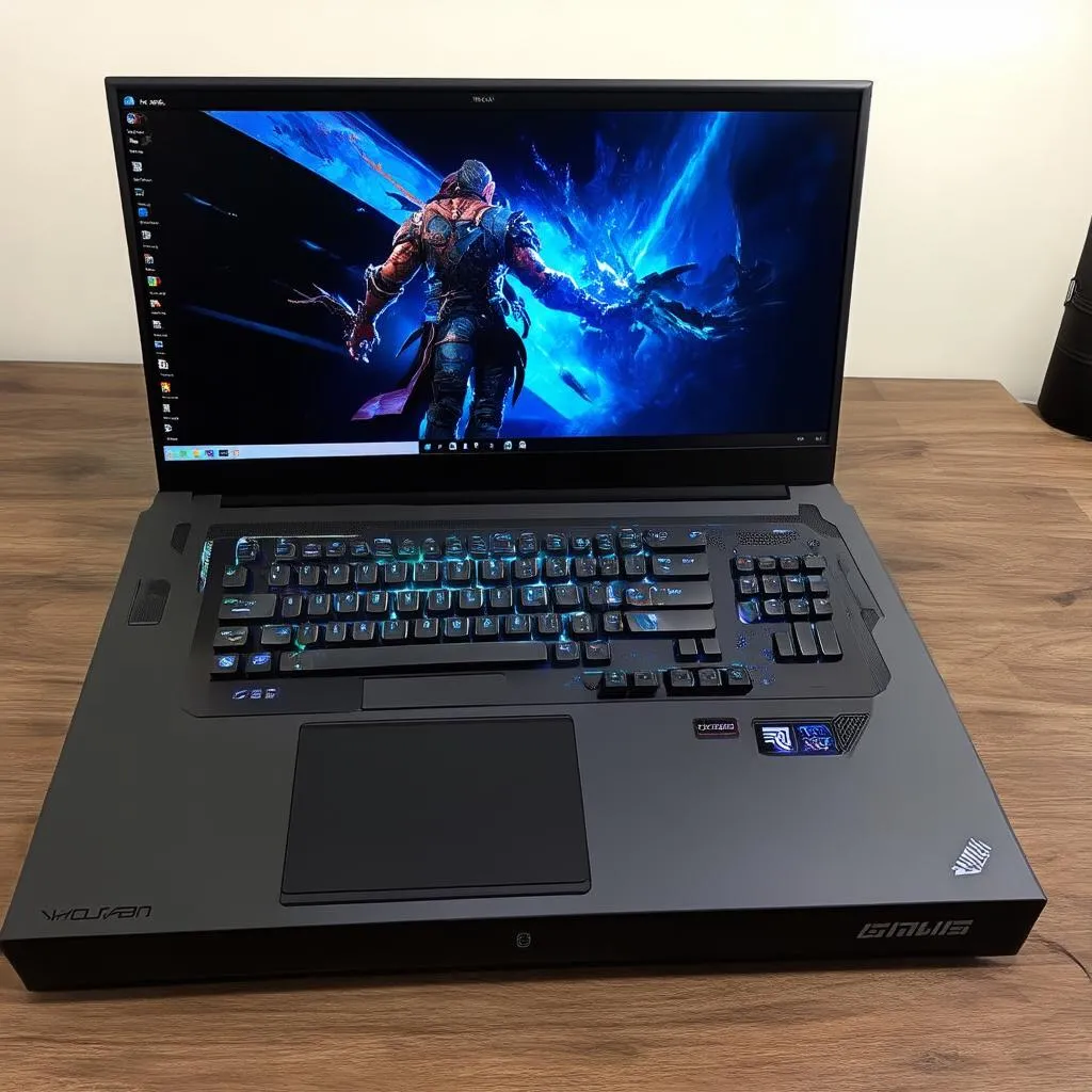 Laptop gaming với bàn phím chuột cơ và màn hình lớn