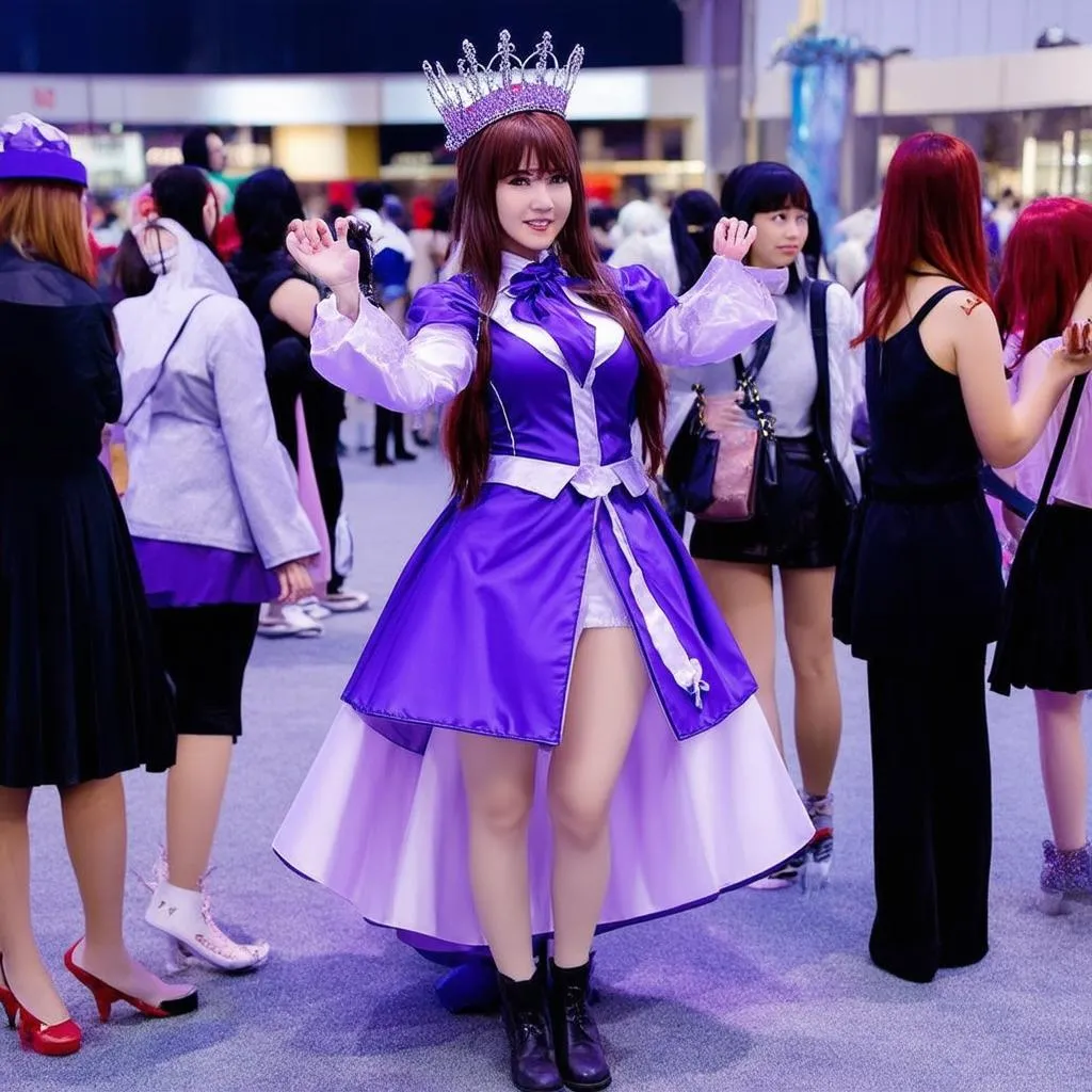 Cô gái trong bộ cosplay Violet Nữ Hoàng Pháo Hoa đang đọ sắc với các cosplayer khác