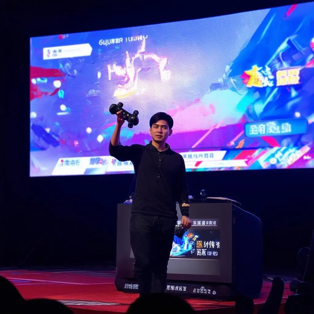 Professional Liên Quân Mobile gamer on stage with a large screen in the background