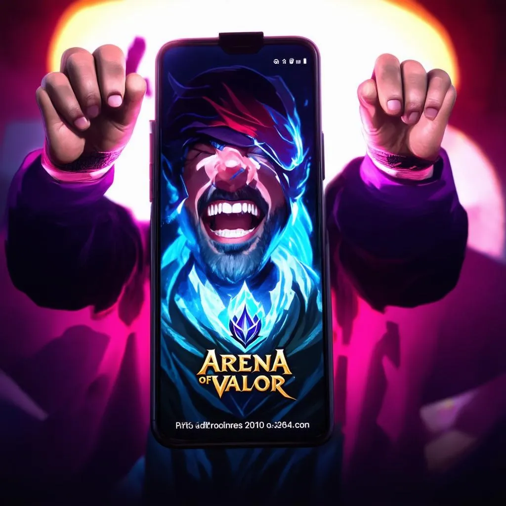 A triumphant gamer celebrating a victory in Arena of Valor, their phone screen illuminating their face.