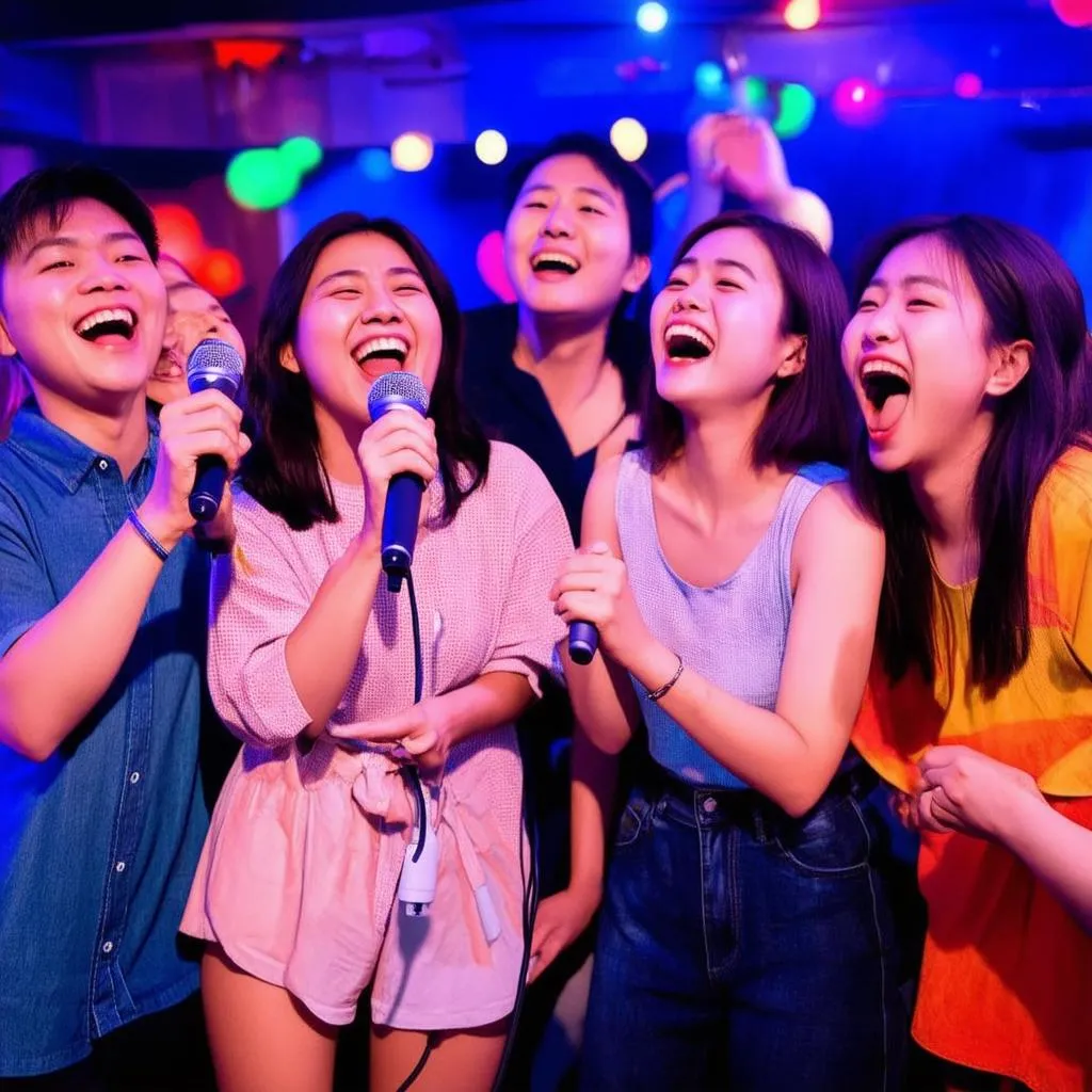 Hình ảnh nhóm bạn trẻ hát karaoke Liên Quân vui vẻ