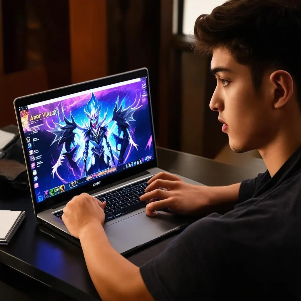 Hình ảnh một game thủ đang chơi Liên Quân trên laptop