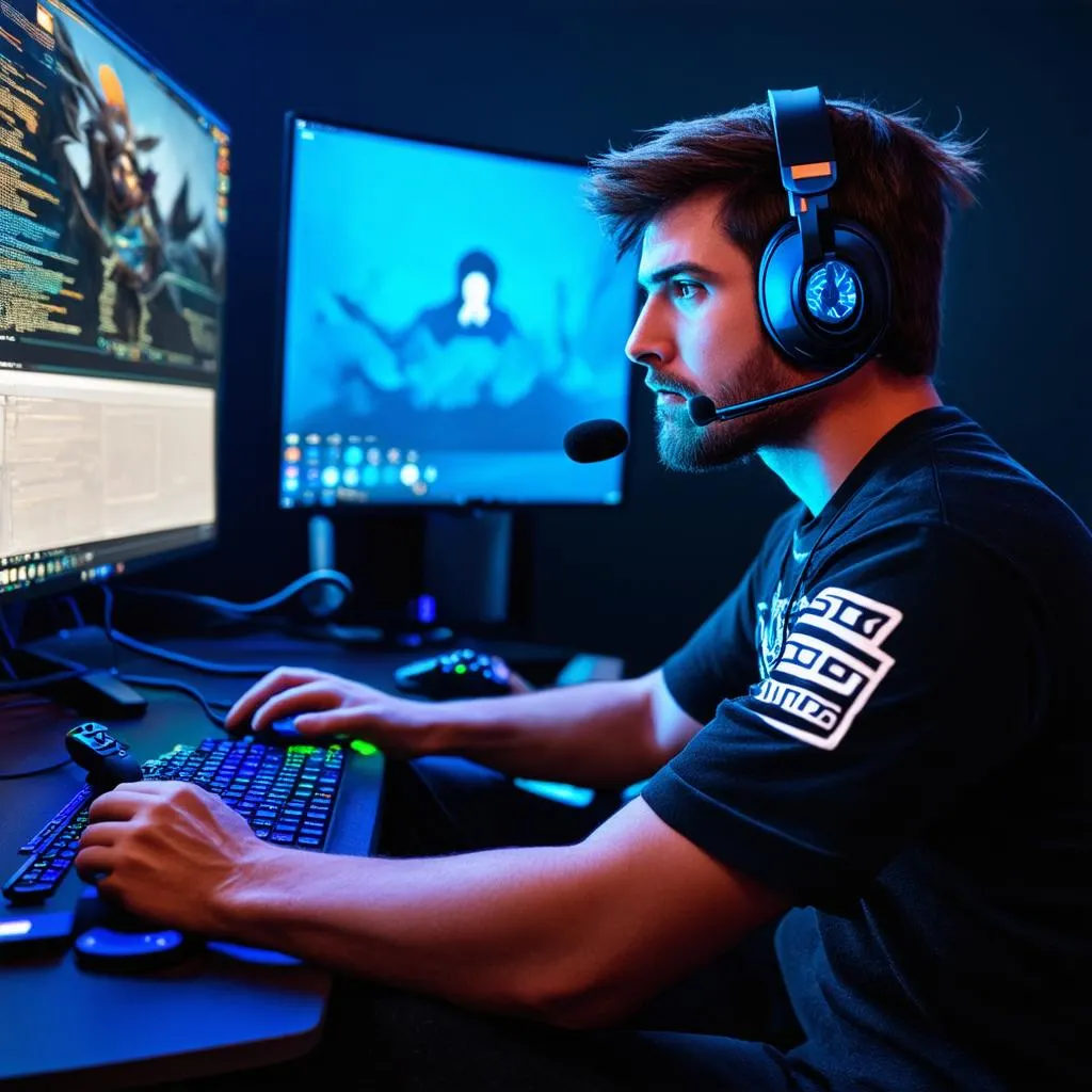 Climbing the ranks in League of Legends: A determined gamer focuses intently on their screen, strategizing their next move.