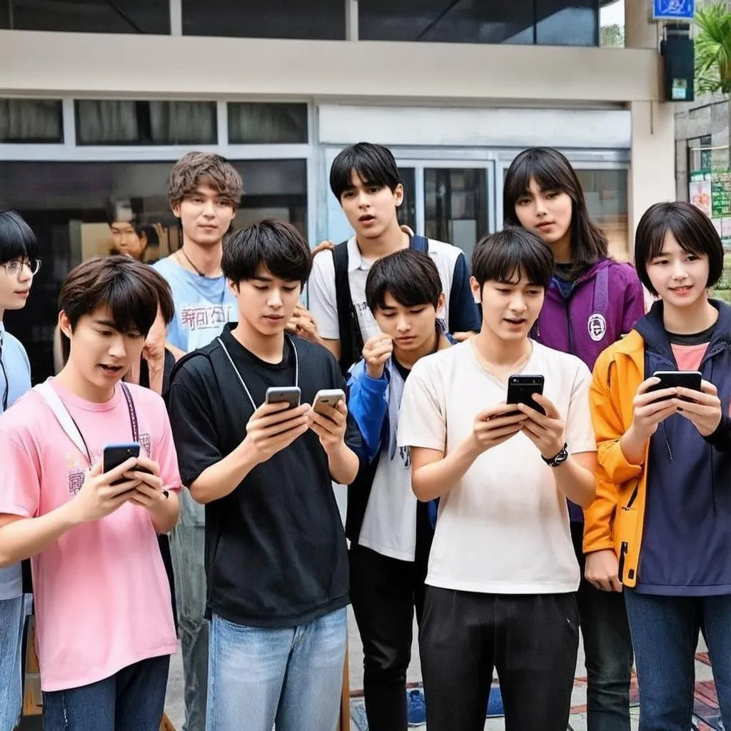 A group of young people are excited about playing Lien Quan Mobile on their phones.