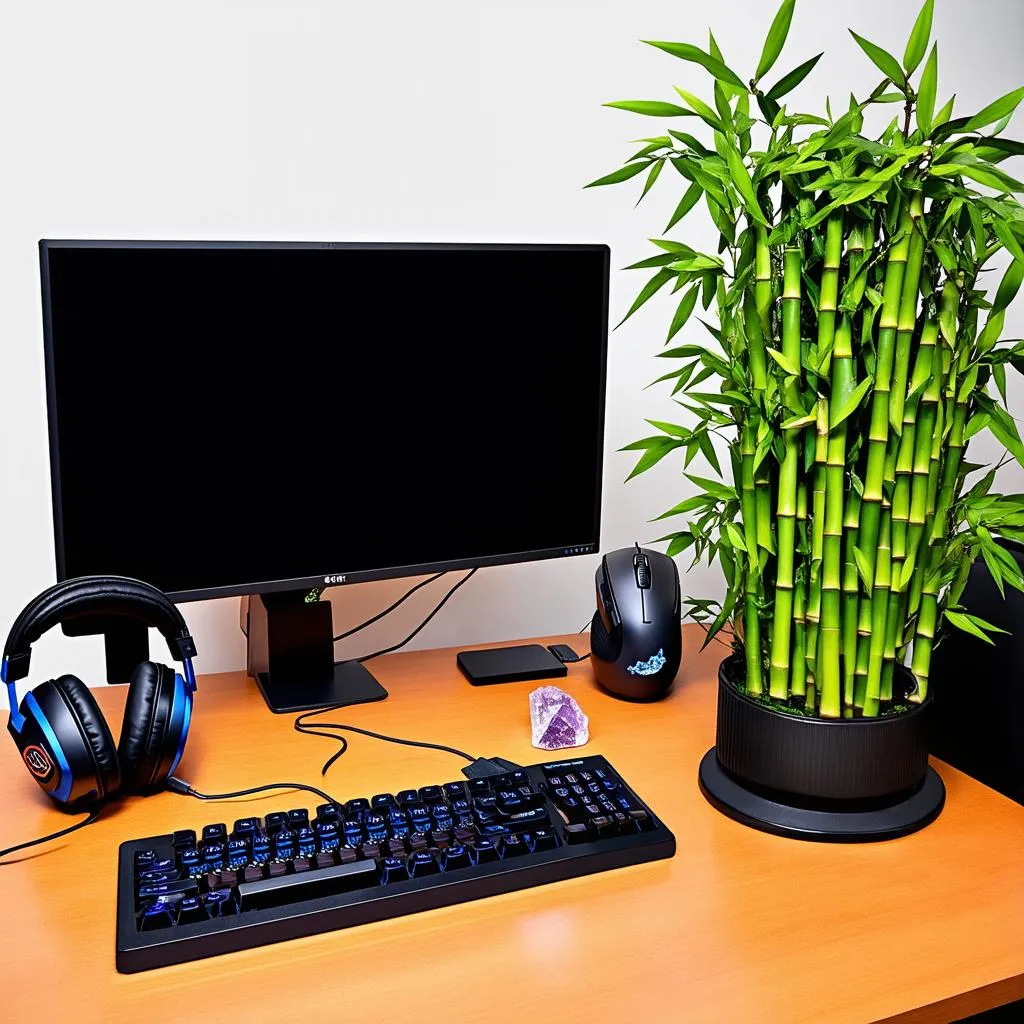 Gaming setup with lucky bamboo and crystals