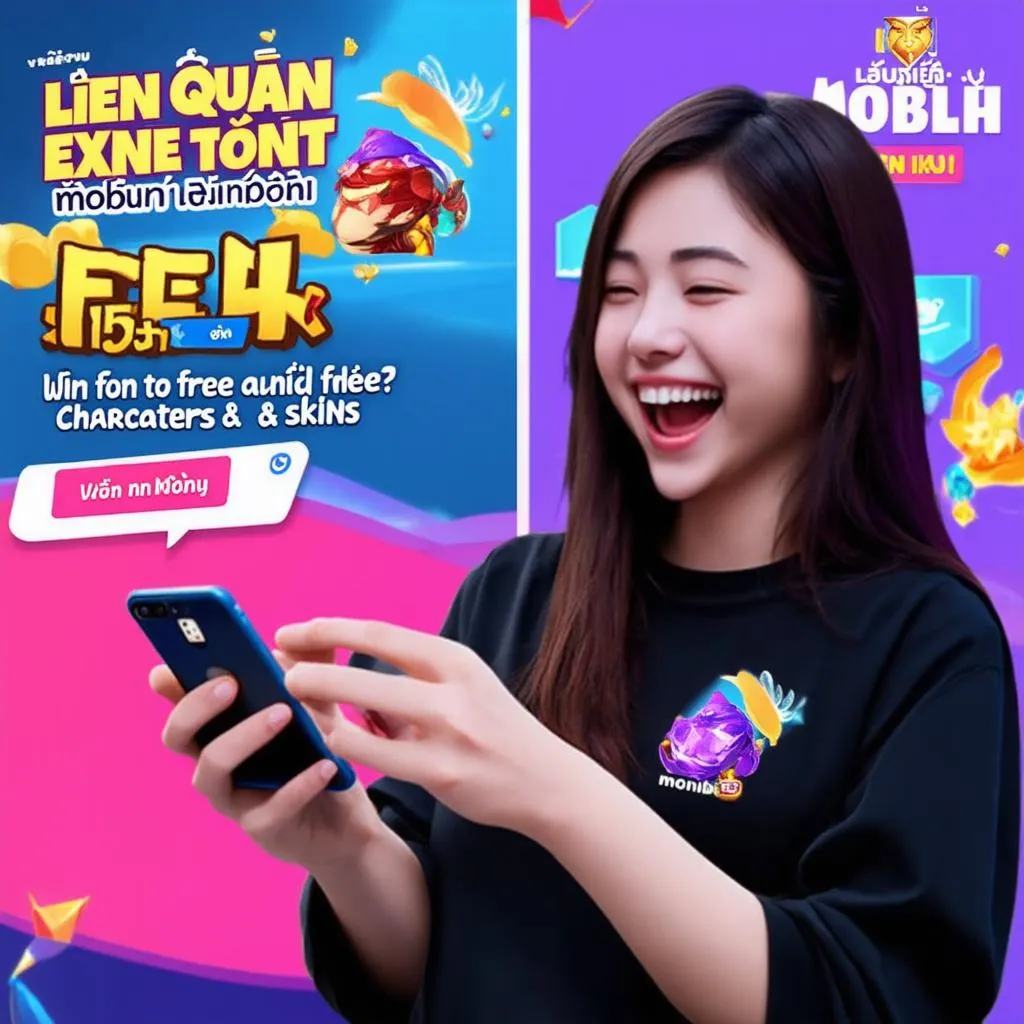 Nữ game thủ đang sử dụng điện thoại để tham gia event quay nick Liên Quân