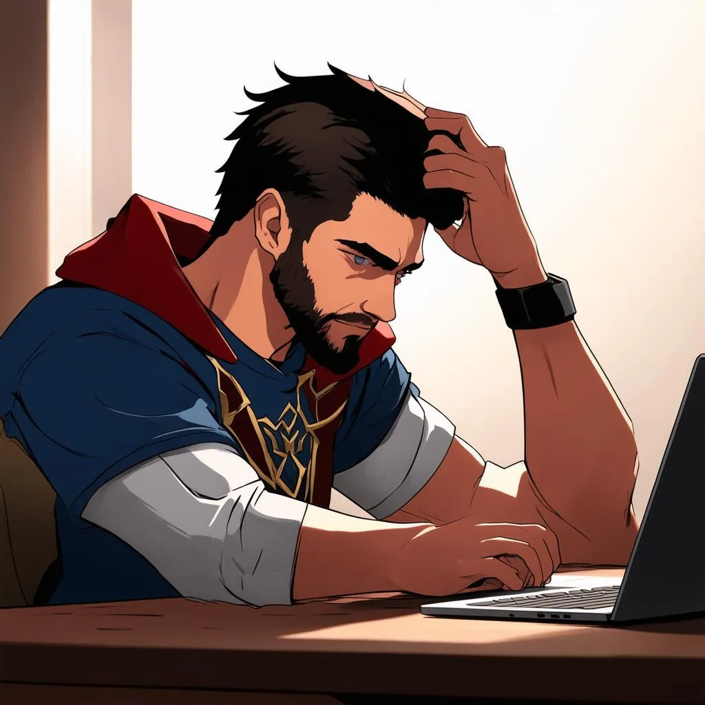 A distressed gamer clutching his head, frustrated at forgetting his Arena of Valor password.