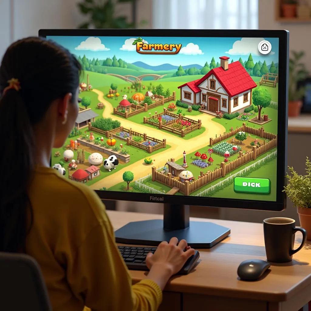 Hình ảnh người chơi đang chơi game Farmery trên máy tính với nông trại trù phú