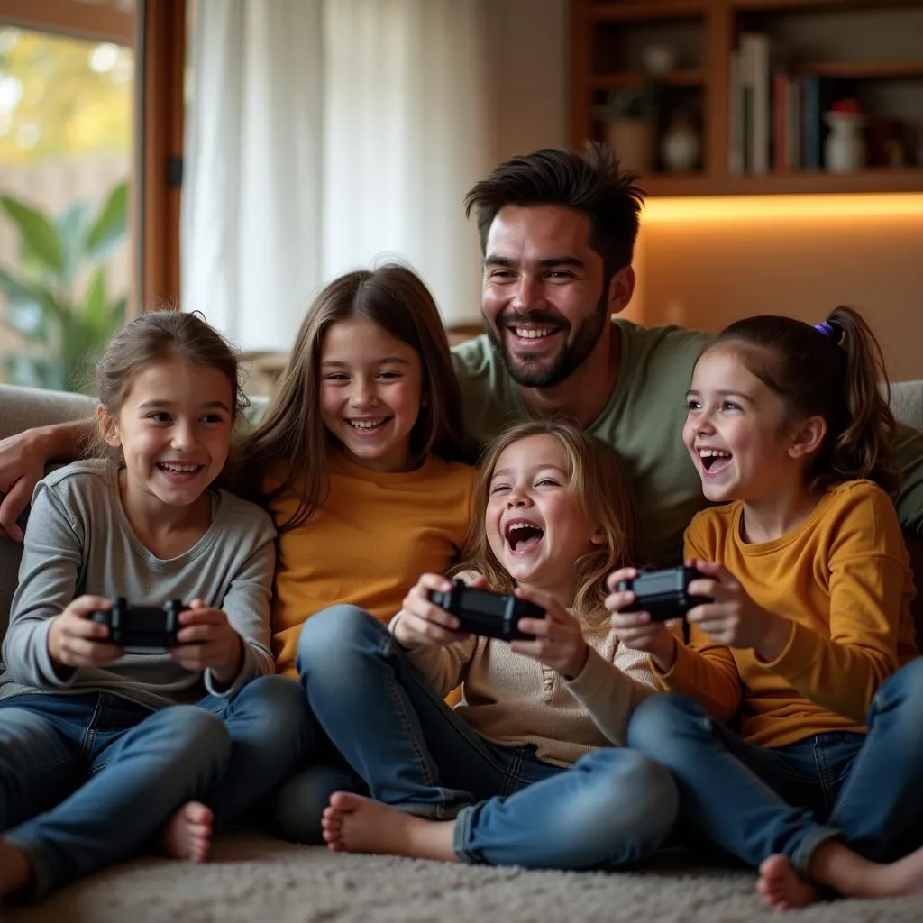 Happy family playing video games together