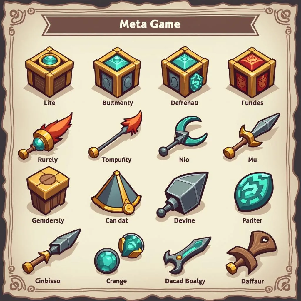 Hình ảnh minh họa về meta game Liên Quân, bao gồm trang bị, bảng ngọc, phù hiệu