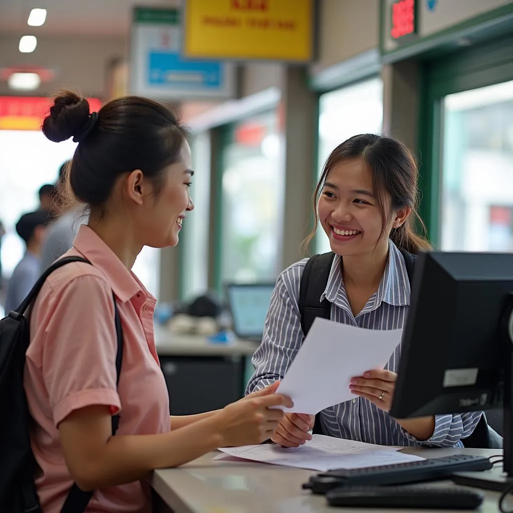 Hình ảnh nhân viên bán vé xe Phương Trang đang tư vấn cho khách hàng