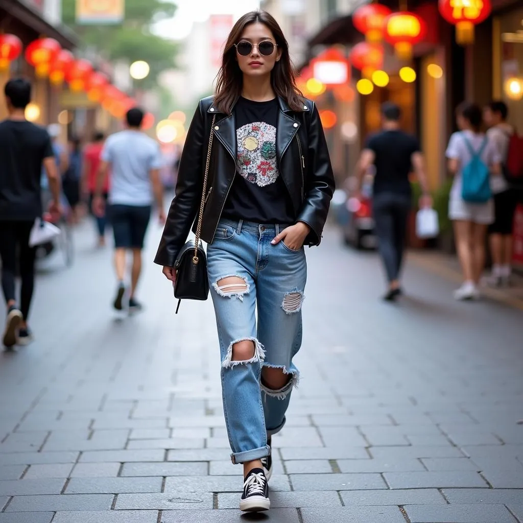 Quần jeans áo khoác da đi chơi Tết